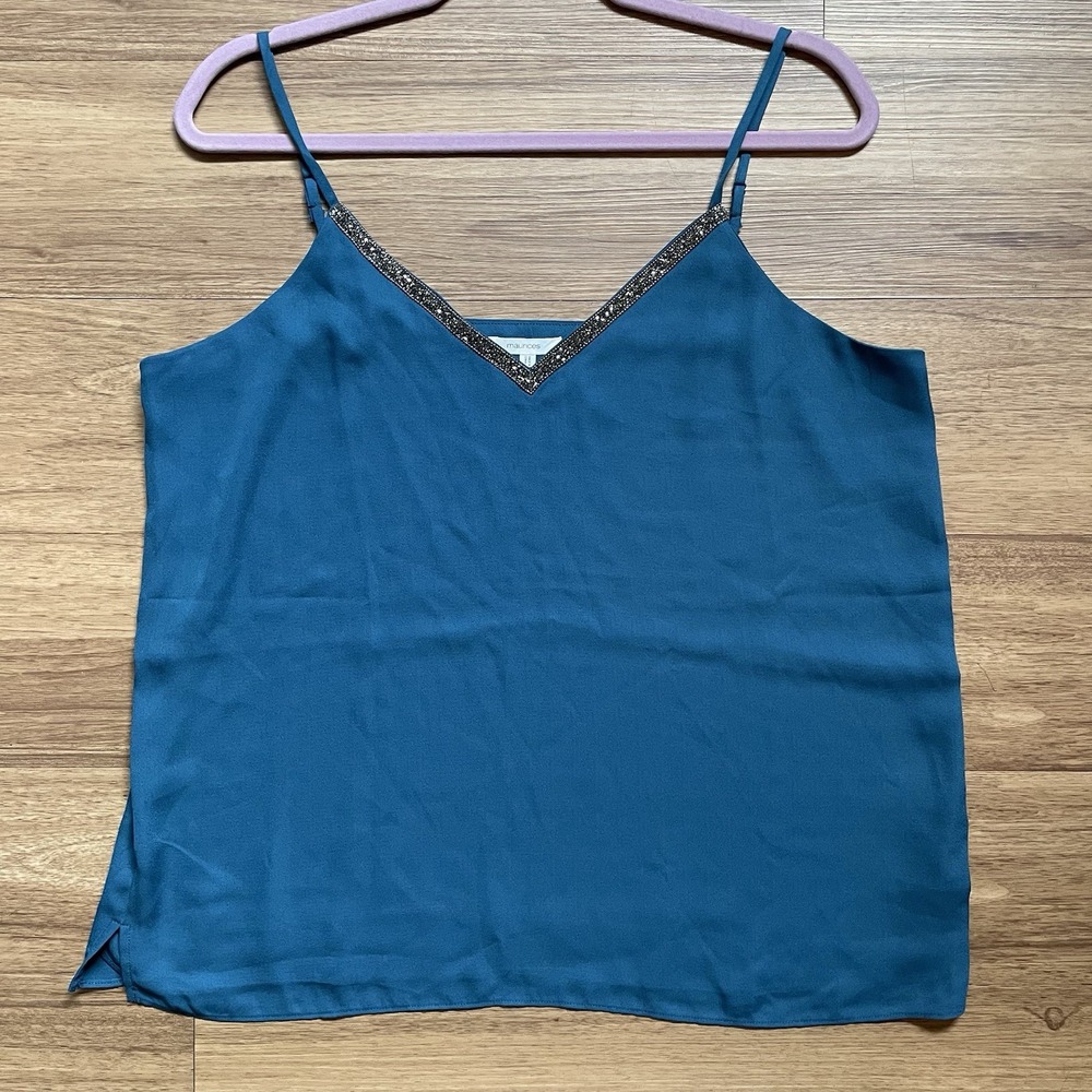 Women's Maurices Teal Blue Bead Trim Tank Top Size Large Lined Nautical Beach